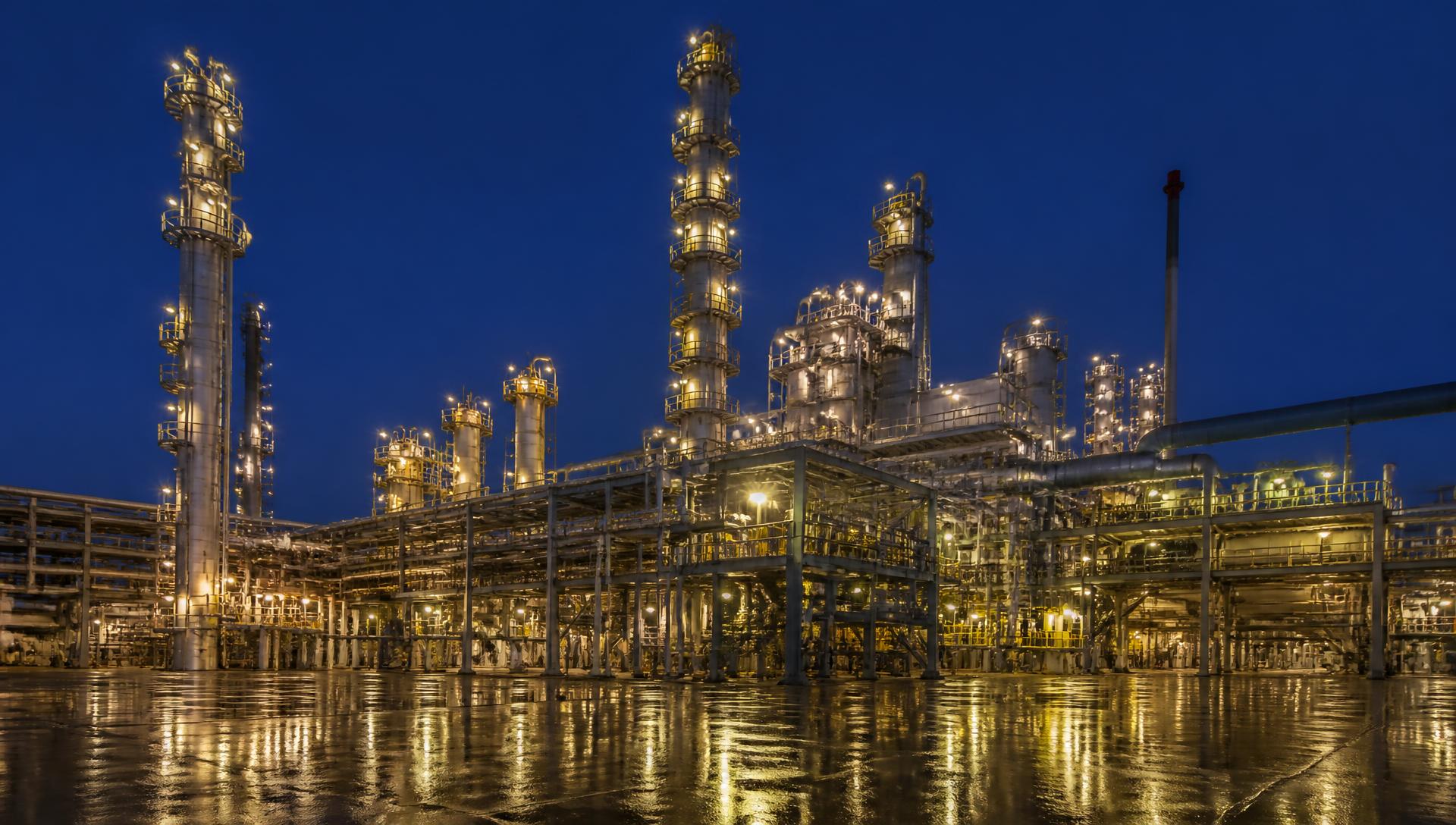 Refinery process units illuminated at blue hour
