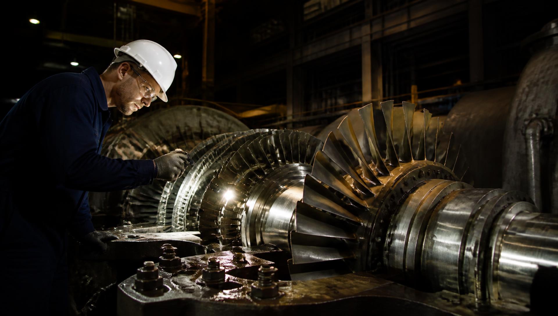 Engineer inspecting a disassembled steam turbine rotor inside a power plant hall