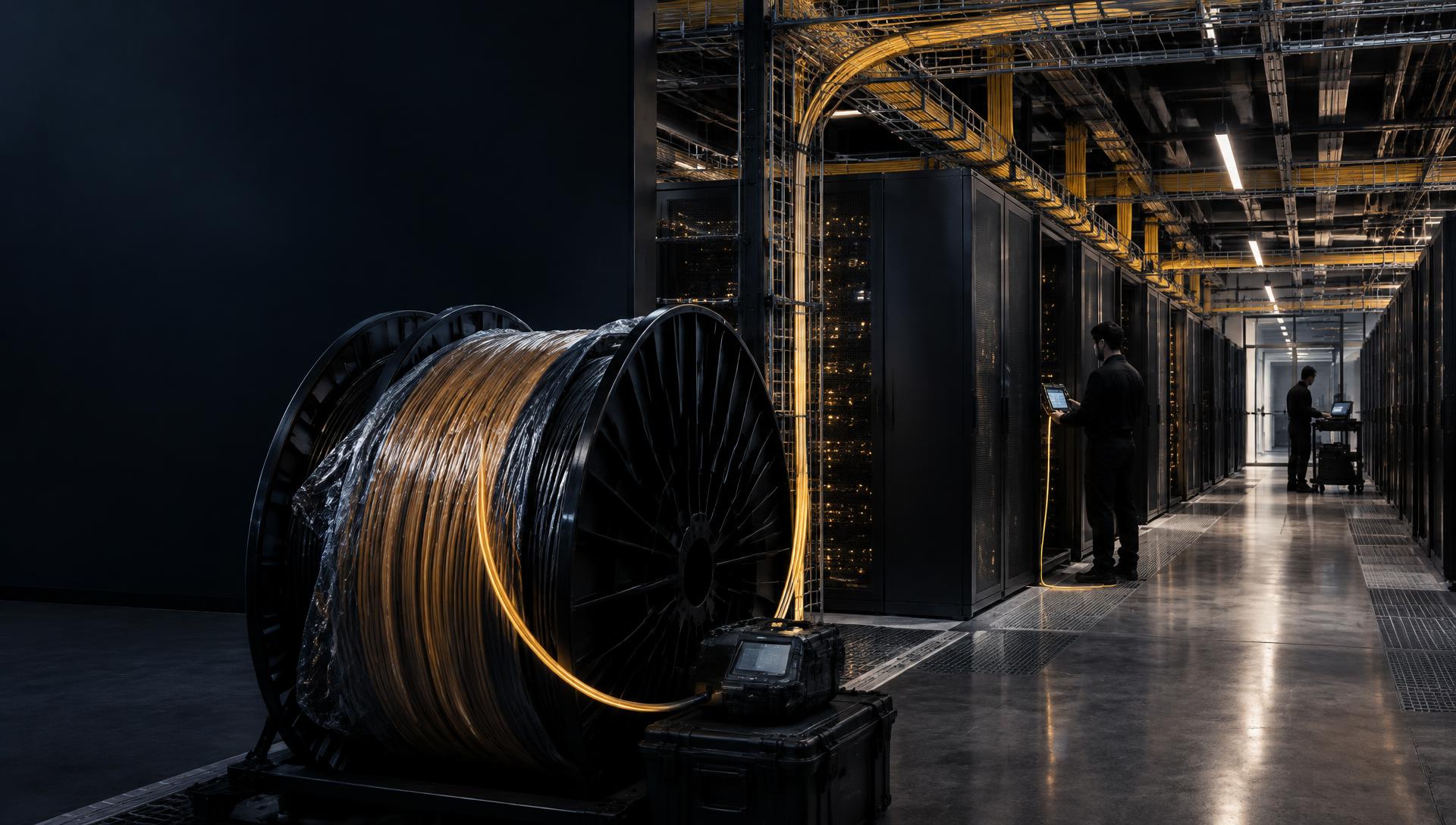 Fiber reel and optical test equipment inside a mission-critical data center