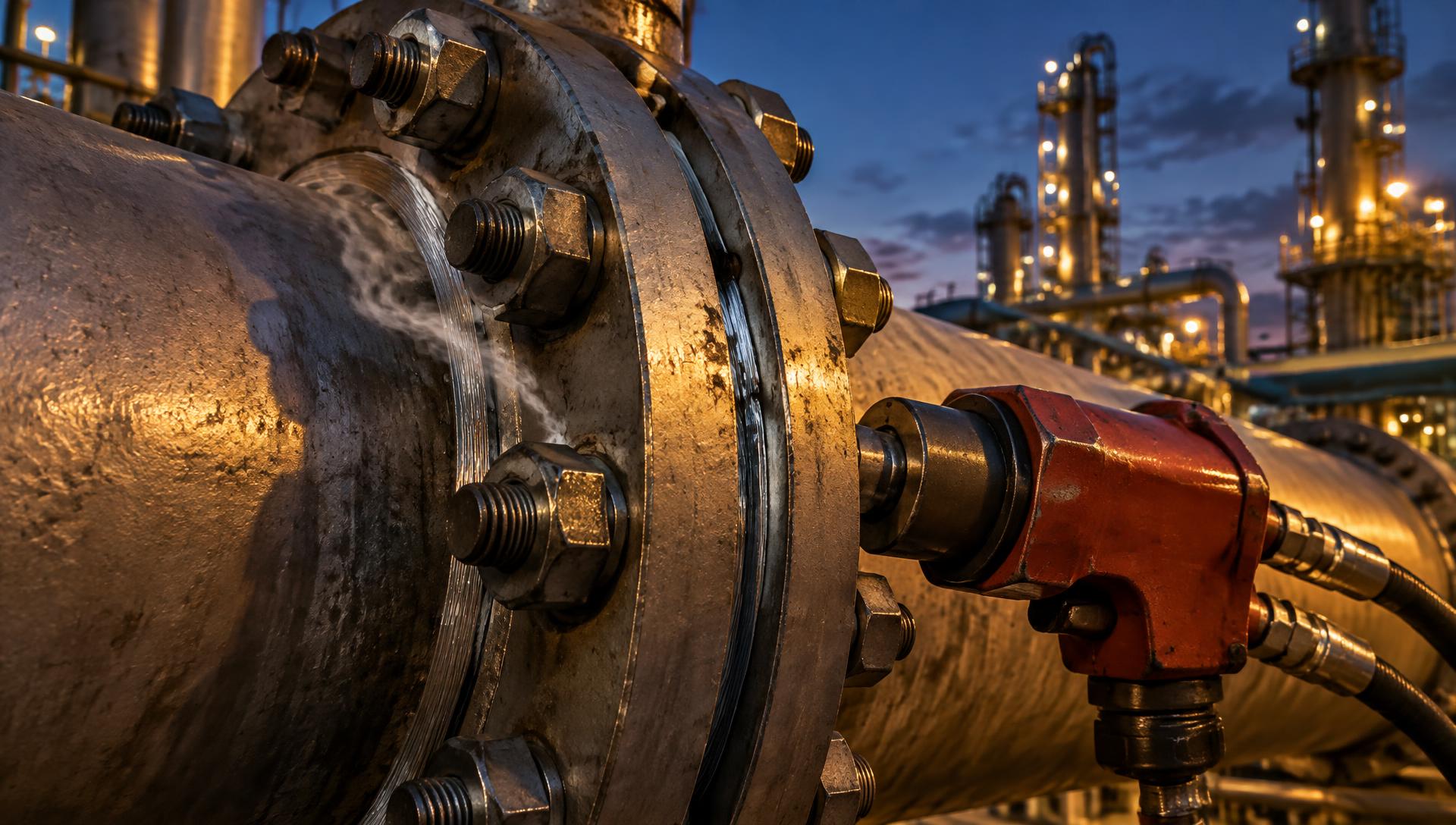 Bolted pipe flange with spiral wound gasket and hydraulic torque wrench in a refinery