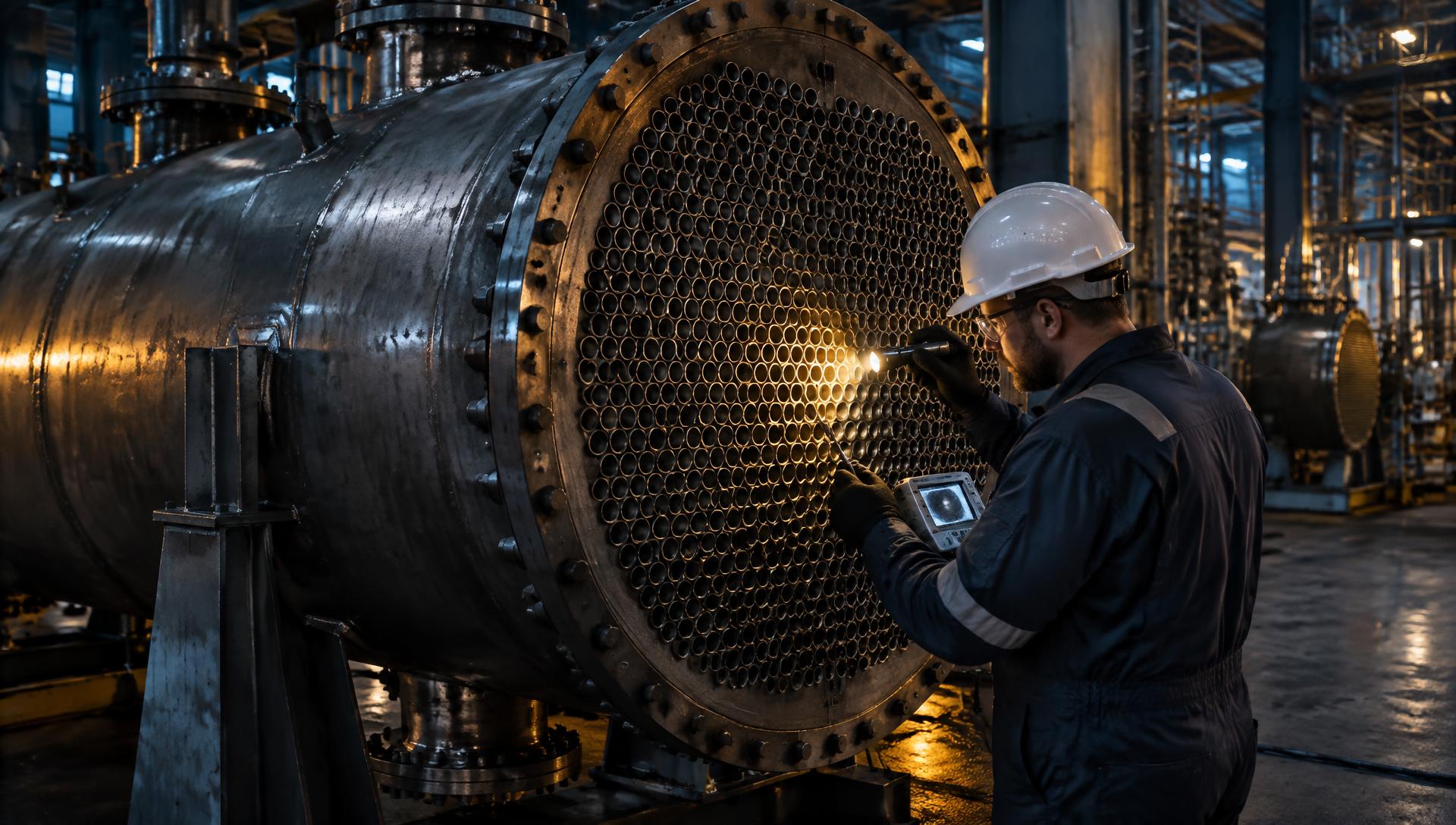 Vertical shell-and-tube heat exchanger tubesheet under inspection
